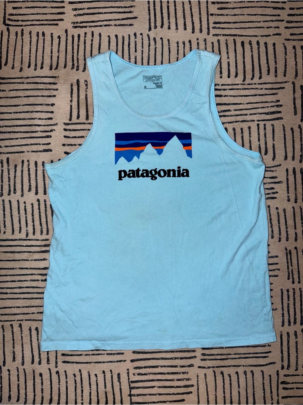 Patagonia Light Blue Tank with Mountain Stripe Logo